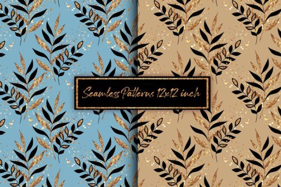 Black and Gold Leaves Seamless Patterns