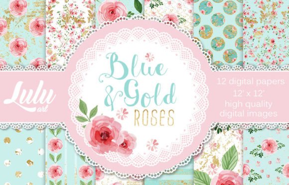 Blue and Gold Roses Digital Paper Sheets: A Creative Resource for Designers and Crafters