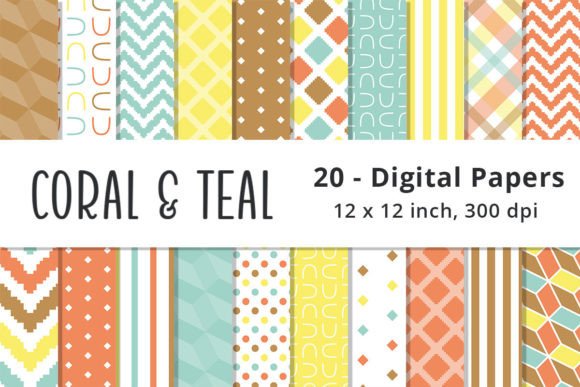 Coral and Teal Digital Paper Patterns for Creative Projects