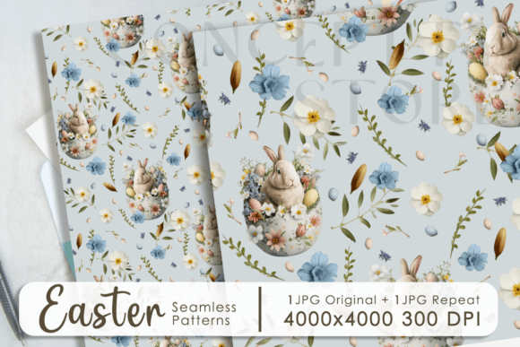 Happy Easter Seamless Patterns - Blue