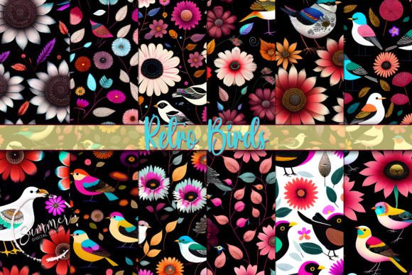 Retro Floral Birds Seamless Patterns